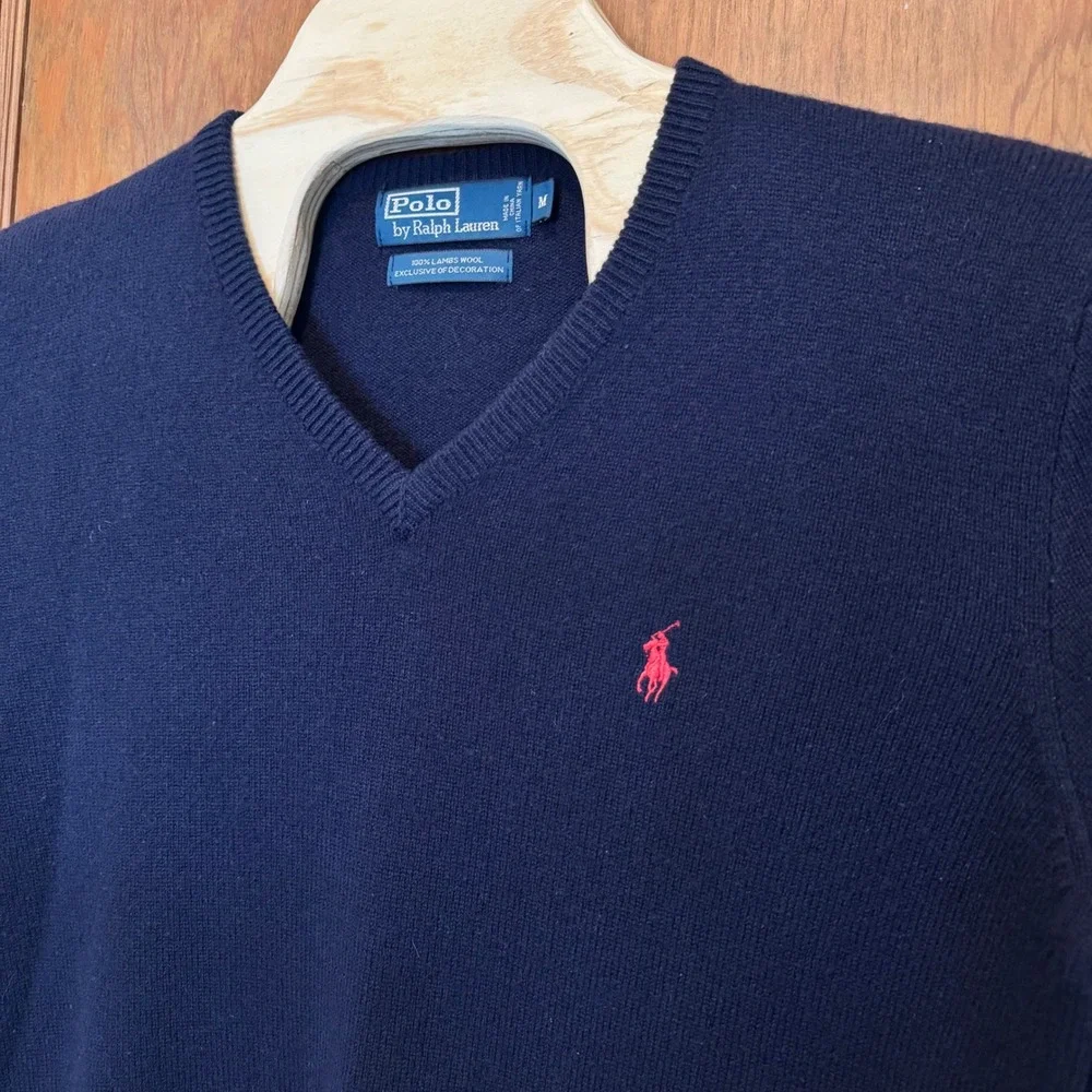Vintage‎ Polo Ralph Lauren V-Neck Sweater M Navy Blue 100% Lambswool Pony Preppy